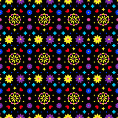 Mexican folk art seamless pattern with flowers on dark background. Traditional design for fiesta party. Colorful floral ornate elements from Mexico. Mexican folklore ornament.