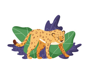 Spotted Leopard Standing Near Tropical Leaves Vector Illustration