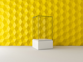Blank white glass showcase box mockup in empty yellow room