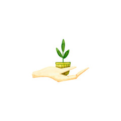 Watercolor arm with green tree. Hand drawn illustration isolated on white. Icon of hand is perfect for ecological design, social media icons, poster, stickers