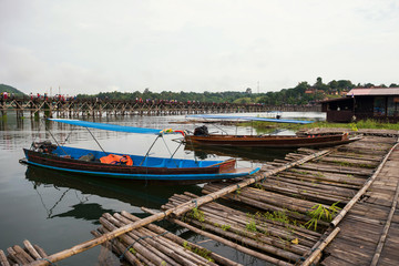 tourist boats near Mon wooden bridge, Sangkhlaburi