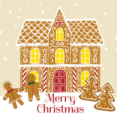 Merry Christmas greeting card with gingerbread house