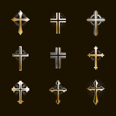 Crosses emblems vector emblems big set, Christian religion heraldic design elements collection, classic style heraldry symbols, antique designs.