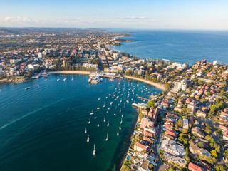Aerial drone evening view of the Sydney suburb of Manly, a beach-side suburb of northern Sydney, in...