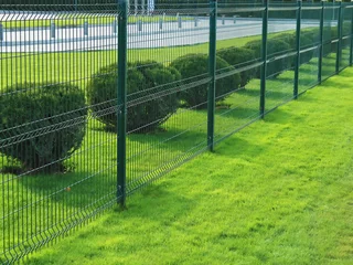neat fence and shrubs near the parking in the city © VADZIM