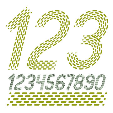Vector numbers, modern numerals set. Rounded bold italic retro numeration from 0 to 9 can be used for logo creation. Created using dashes, parallel lines.