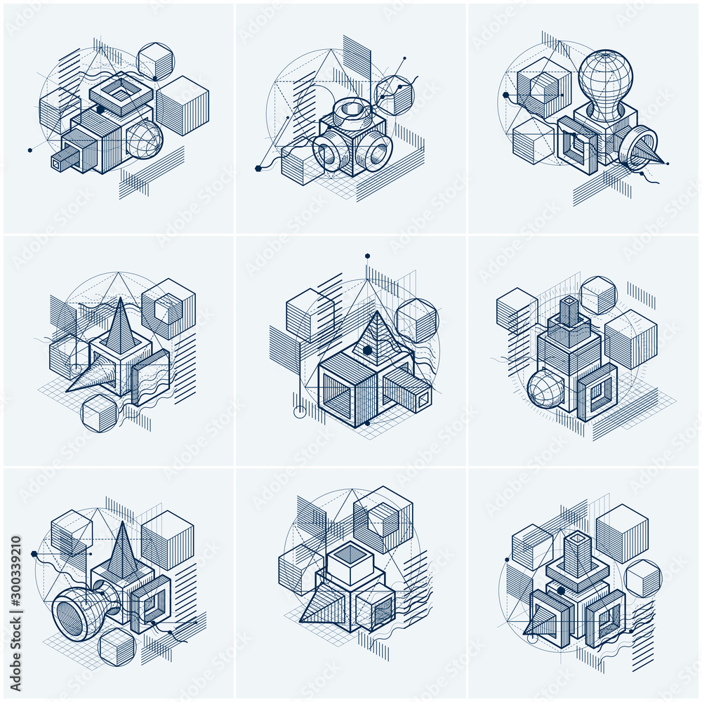 Poster isometric abstract backgrounds with linear dimensional shapes, vector 3d mesh elements. compositions