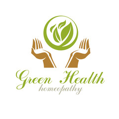 Caring hands holding green spring leaves. Medical rehabilitation abstract logo.