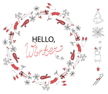  Isolated on white background vector set of winter circle ornament tangle with handwritten greeting message Hello winter and winter elements - snowman, snowflake, fir tree