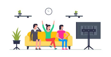 Naklejka premium Group of Happy women watching TV. isolated on white background