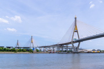 Fototapeta na wymiar Bangkok, Thailand - July 14, 2019: Bhumibol Bridge 1 and 2, the largest bridge over Chao Phraya river