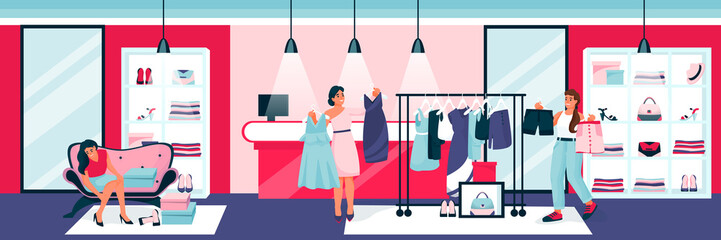 Young women try on dresses and shoes in clothing boutique. Vector flat cartoon illustration of fashion store interior