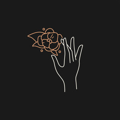 Vector design linear template logo or emblem - hand with hydrangea flowers. Abstract symbol for cosmetics and packaging or beauty products.