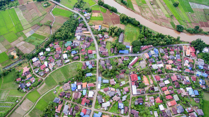Arial Asia view over small village,bird eye view of tea plant dy drone