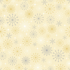 Seamless pattern cold Winter in Christmas Day with Cute cartoon snowflakes in different size in silver and yellow gold on yellow background,Vector seamless for wrapping paper or fabric