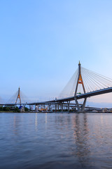 "Bhumibol Bridge 1 and 2", the largest bridge over Chao Phraya river, with light-up at night, Bangkok, Thailand.