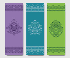 Set of design yoga mats. Floral and mandala pattern in oriental style for decoration sport equipment. Colorful ethnic Indian ornaments for spiritual serenity. Decor of business card, poster, print.