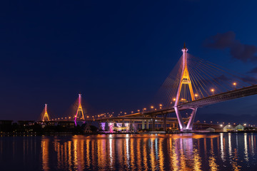 "Bhumibol Bridge 1 and 2", the largest bridge over Chao Phraya river, with light-up at night, Bangkok, Thailand.