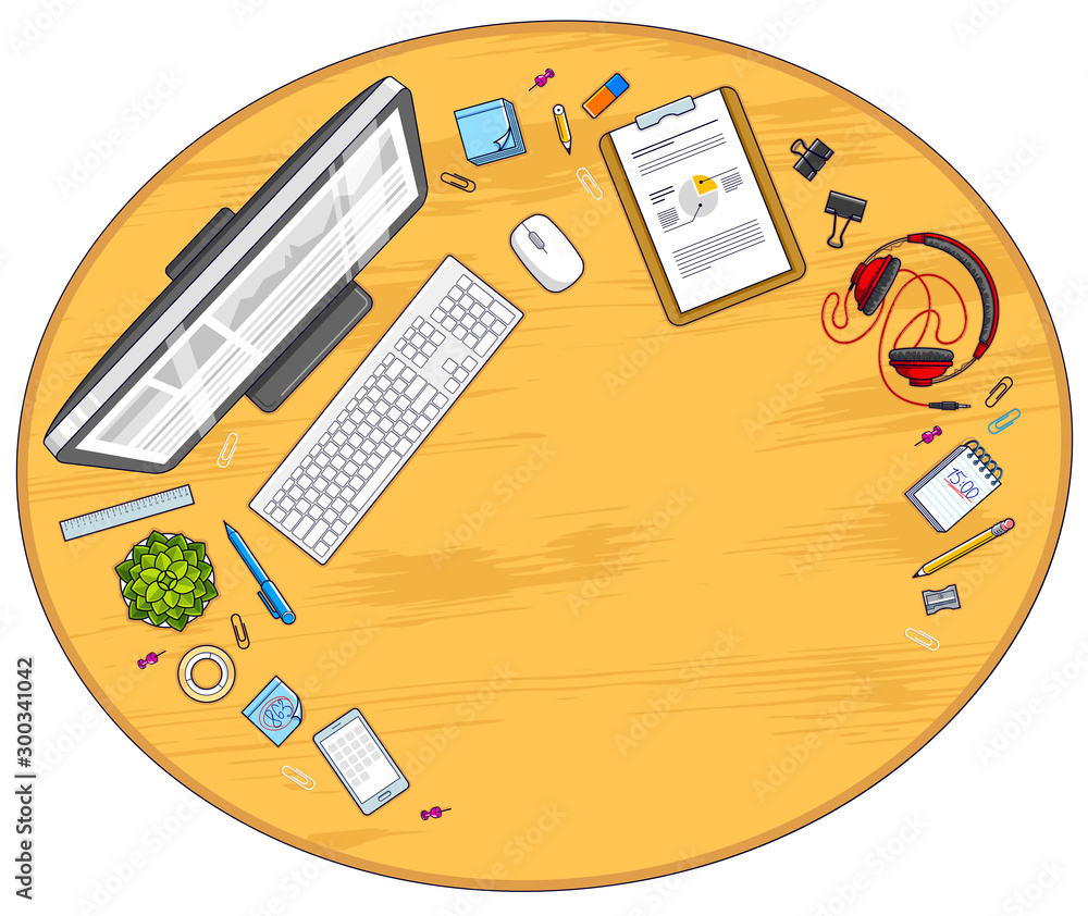 Fototapete wooden office desk workspace top view with pc computer and diverse stationery objects for work with 