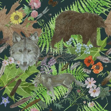 Seamless watercolor hand drawn pattern with wolf head, bear, flowers, leaves, feathers.
