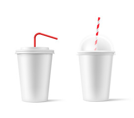 Blank paper cup mockup with straw. Coffee to go, take out mug. Vector illustration isolated and can be use for any backgrounds. EPS10.	