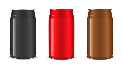 Aluminum can color set, realistic vector illustration. Blank food or beverage packaging, template for design. Easy to recolor