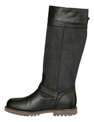 Black leather high boots on white background