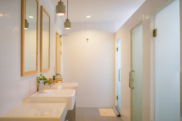 Fototapeta na wymiar public lavatory wash and Toilet bowl in modern bathroom interior