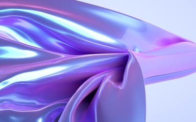 3d rendering illustration of soft cloth purple iridescent holographic material background. Abstract flying fabric material in neon light.