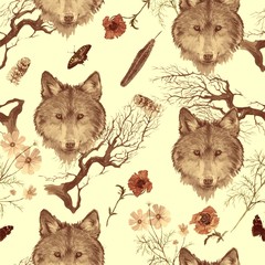 Fototapety  Akwarela wzór z głowy wilka, kwiaty, gałęzie.