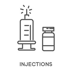 Injections with syringe and medicine glass vial icons with text