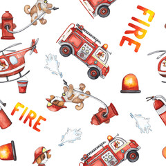 Watercolor cartoon cute seamless pattern Firefighting and fire safety equipment illustration. Fire truck, helicopter, dog, helmet, hose, column, fire extinguisher. Baby shower red colorful clip art