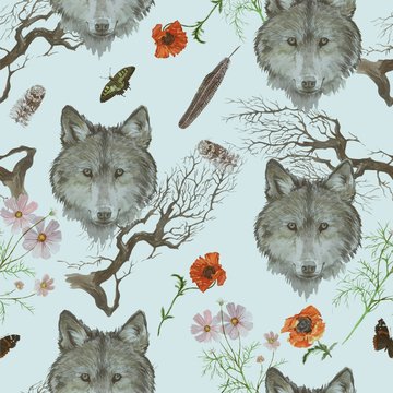 Seamless watercolor pattern with wolf heads, flowers, branches.