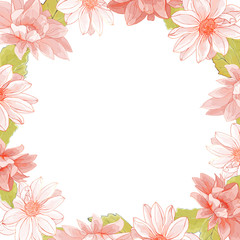 Floral frame of light pink flowers on white background. Dahlias and leaves. For your design, wedding stationary, fashion, invitation template, greeting card, saving the date card. Copy space. Vector.