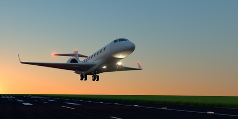 Fototapeta na wymiar Luxury business jet during landing or takeoff on runway. Extremely detailed and realistic high resolution 3d illustration