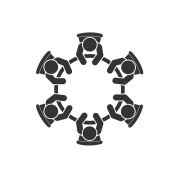Business meeting icon. Group of six people sitting around a table brainstorming and working together on new creative projects. Top view vector design. Conference session.