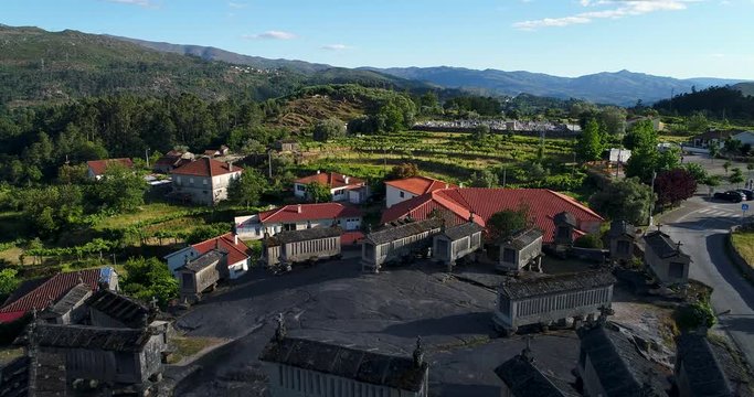 Aerial view of the granaries (espigueiros) at the traditional village of Soajo in the Peneda Geres National park, Portugal