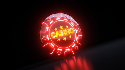 Gambling Chips in Diamonds Symbol Concept With Neon Lights - 3D Illustration