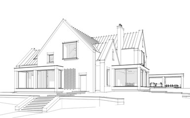 3d rendering of modern cozy clinker house on the ponds with garage and pool for sale or rent. Black line sketch with soft light shadows on white background