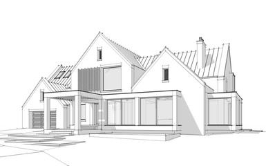 3d rendering of modern cozy clinker house on the ponds with garage and pool for sale or rent. Black line sketch with soft light shadows on white background