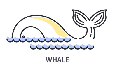 Whale half seen above ocean water line icon with text