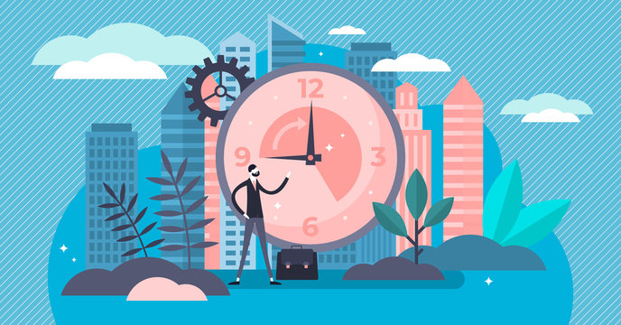 Working hours vector illustration. Tiny classical workweek persons concept.