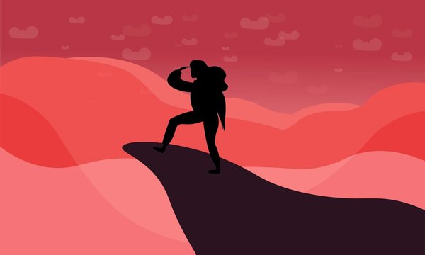 The black silhouette of a traveler or explorer standing on top of a mountain or cliff and looking straight. Trendy flat illustration concept of discovery, exploration, hiking, adventure tourism travel