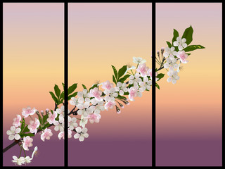 spring blossoming branch with pink buds on bright background