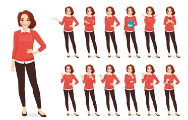 Poster Casual business woman character in different poses set with red hair vector illustration © Volha Hlinskaya