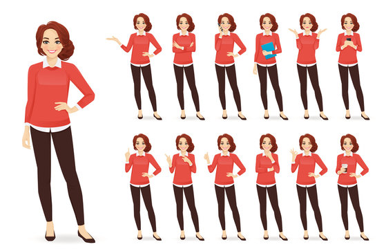 Casual business woman character in different poses set with red hair vector illustration