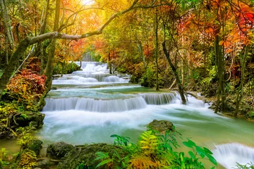 Wall murals Forest river Colorful majestic waterfall in national park forest during autumn - Image