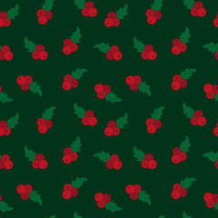 Christmas seamless pattern of Holly twig. Hand drawn Christmas plants. Christmas holly berries illustration. Red and green colors.