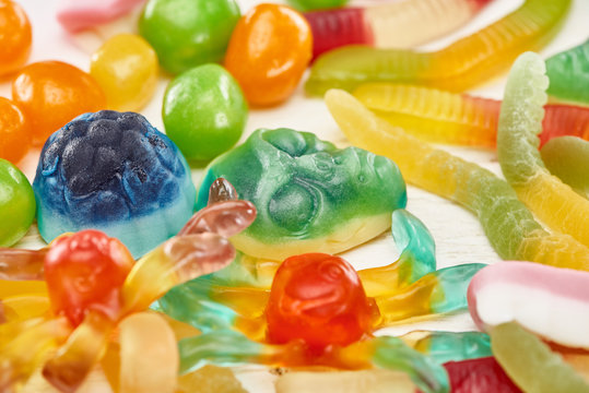 close up view of colorful gummy spooky Halloween sweets