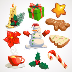 Cartoon set of Christmas attributes. Vector icons.
